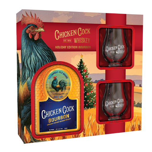 Chicken Cock Kentucky Straight Bourbon Whiskey gift set with two branded glasses.