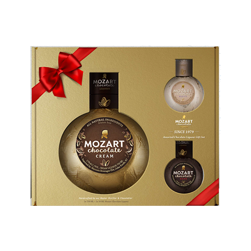 Mozart Chocolate Cream Gift set with mini dark and white chocolate liqueur bottles.