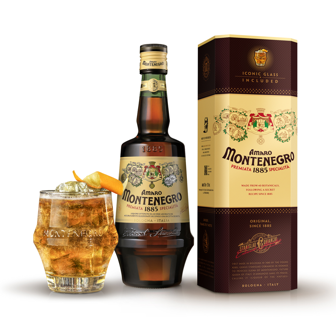 Montenegro Amaro liqueur gift set with a branded shot glass.