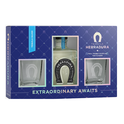 Herradurra silver box gift set with two glasses