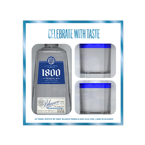1800 Blanco Tequila gift set with 2 rocks glasses
