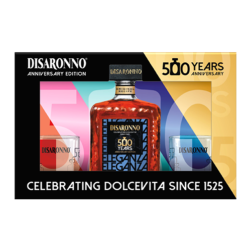Disaronno Anniversary Edition gift set with two glasses