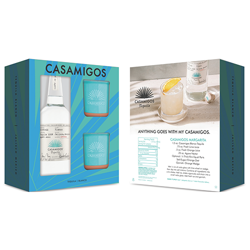Casamigos Tequila Blanco gift set with 2 light blue ceramic glasses