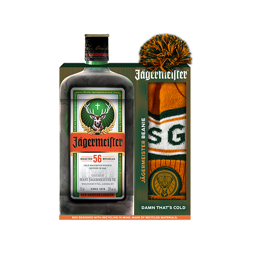 Jägermeister holiday gift set with knit orange, green and white beanie.