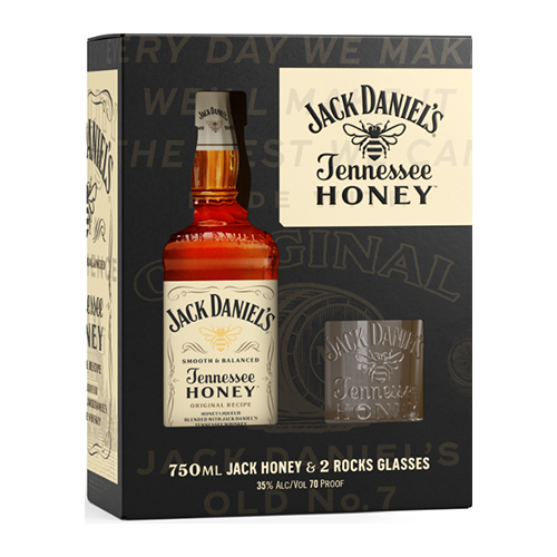750 ml Jack Daniel's Tennessee Honey Gift Set with two rocks glasses