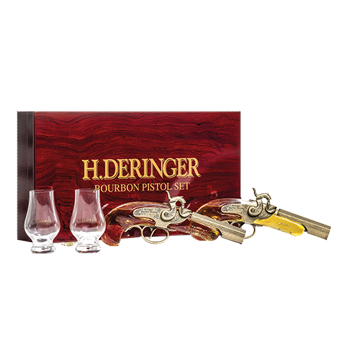 H. Deringer Bourbon Pistol set and box with 2 glasses