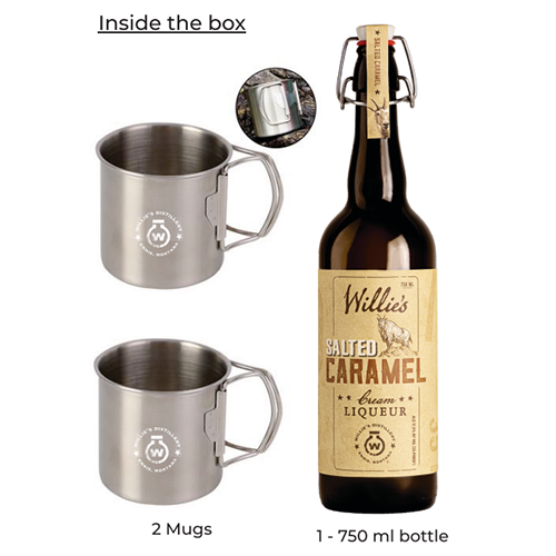 Willie's Salted Caramel Cream Liqueur gift set with two metal mugs with collapsible handles