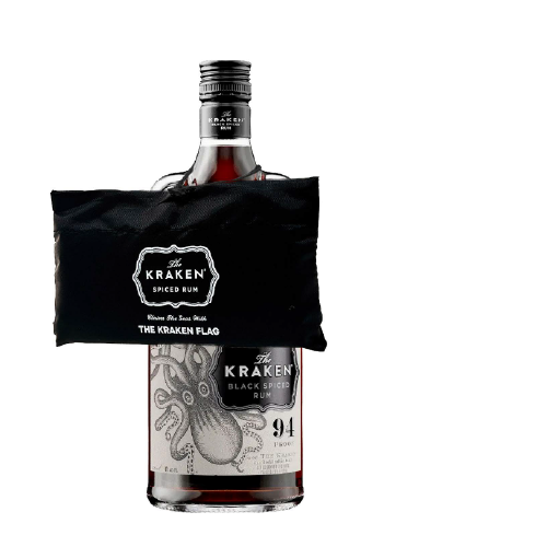 Kraken Spiced Rum bottle with flag in black case