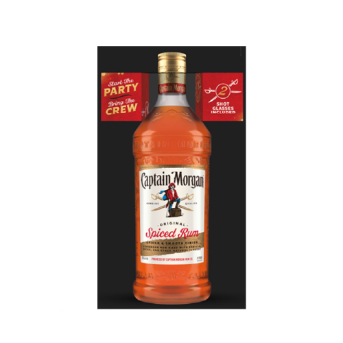 Captain Morgan Original Spiced Rum 1.75L gift set with 2 branded shot glasses.