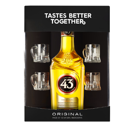 Licor 43 Spanish Liqueur gift set with four mini beer shot glasses