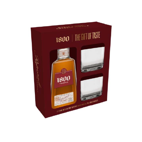 1800 Reposado Tequila gift set with branded rocks glasses.