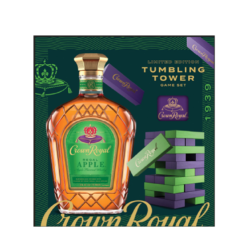 Crown Royal Regal Apple Whiskey gift set with branded wooden tumbling towers game.