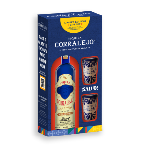 Corralejo Reposado Tequila gift set with two branded glasses.