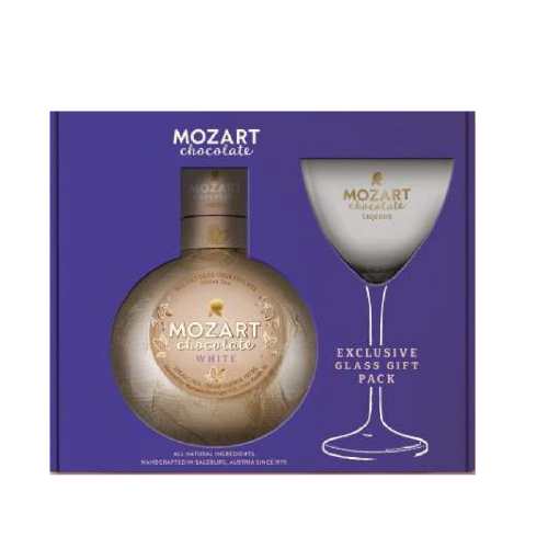 Mozart White Chocolate Cream Gift set with glassware.