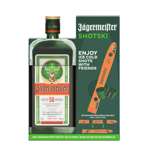 Jägermeister specialty gift set with a branded shotski.