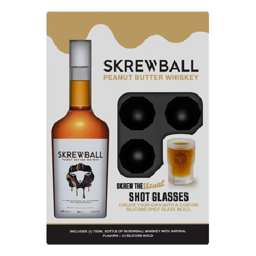 Skrewball Peanut Butter Whiskey gift set with branded shot glass ice mold.