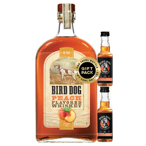Bird Dog Peach Flavored Whiskey bottle with minis gift pack.