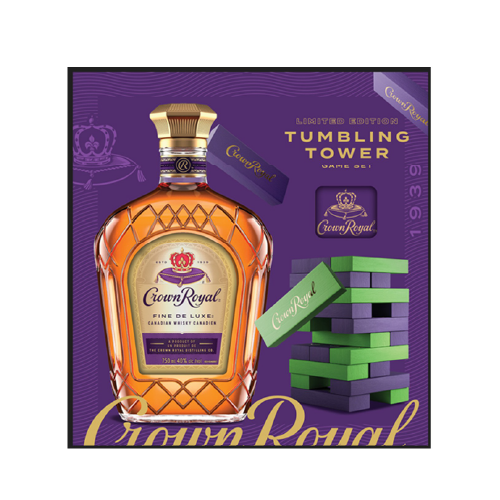 Crown Royal Deluxe Whisky gift set with branded wooden tumbling towers game.