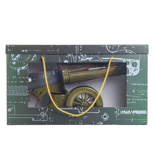 Peacemaker bourbon whiskey in ceramic cannon-shaped whiskey bottle