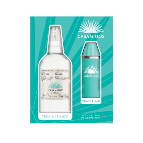 Casamigos Blanco Tequila gift set with a branded cocktail flask.