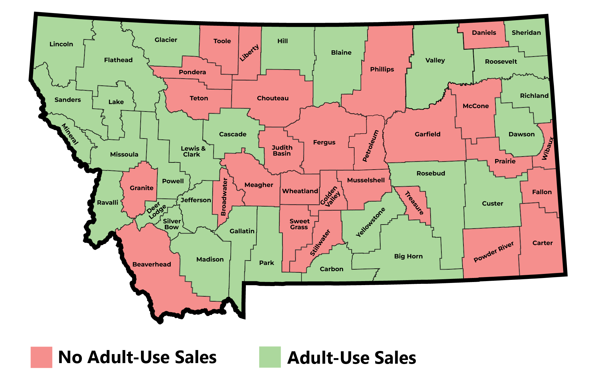 Map of Montana counties showing where adult-use cannabis sales are permitted (green) versus prohibited (red). Counties prohibiting adult-use sales: Toole, Liberty, Pondera, Teton, Chouteau, Judith Basin, Fergus, Petroleum, Garfield, McCone, Phillips, Daniels, Prairie, Wibaux, Fallon, Carter, Powder River, Granite, Beaverhead, Broadwater, Meagher, Wheatland, Golden Valley, Musselshell, Stillwater, Sweet Grass, and Treasure. All other counties permit adult-use sales.